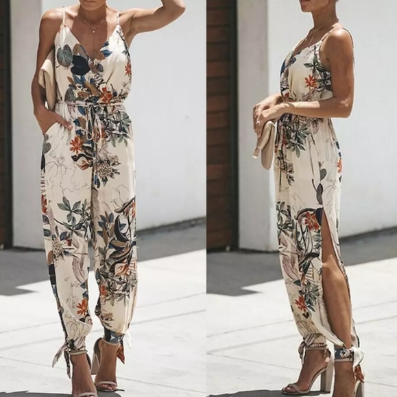 None Pants - Floral print White v neck pocket cami jumpsuit